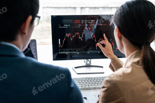 Preview: Business Team Partner Working With Computer, Laptop, Discussion And Analyzing Graph Stock Market
