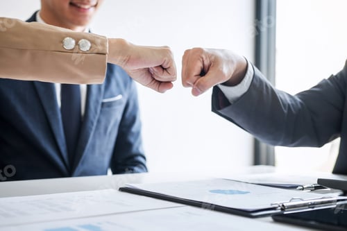 Preview: Teamwork Of Businessman Partnership Giving Fist Bump To Greeting Start Up Business Strategy Project.