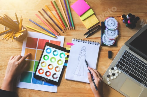 Preview: Young Woman Dressmaker Or Designer Working Choose Color Bar In Table And Drawing Sketches For