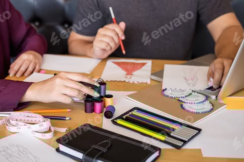 Preview: Two Professional Stylish Fashion Designer Working As Fashion Designers Measure As Sketches In