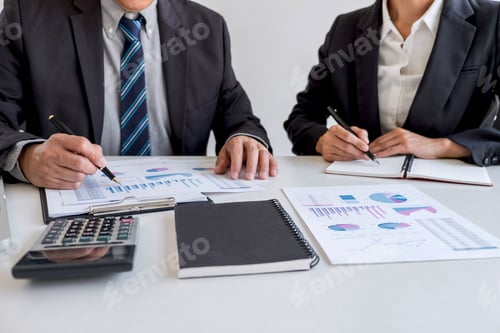 Preview: Business Team Partner Meeting Working And Negotiation Analyzing With Financial Data And Marketing