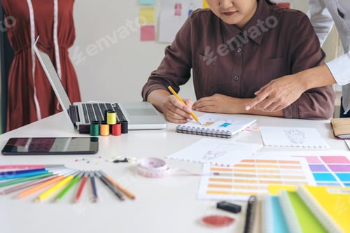 Preview: Two Professional Stylish Fashion Designer Working As Fashion Designers Measure As Sketches In