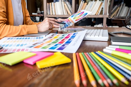 Preview: Image Of Female Creative Graphic Designer Working On Color Selection And Drawing On Graphics Tablet