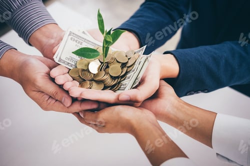 Preview: Hands Of Business Team Holding Plant Sprouting Growing From Golden Coins And Banknotes, Business