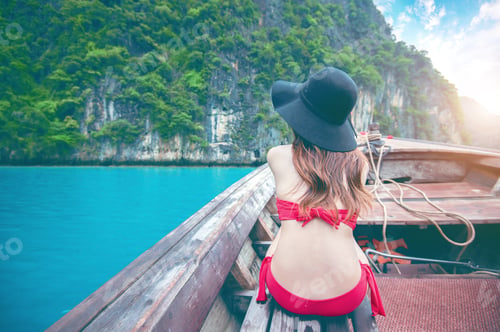 Preview: Beautiful Girl In Red Bikini On Boat. Vintage Tone.