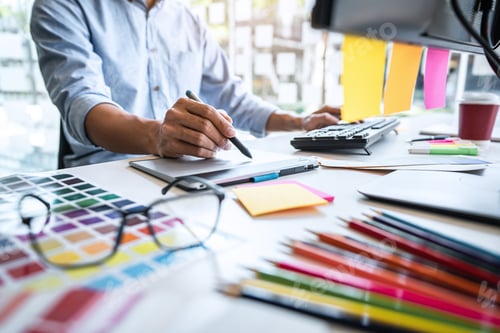 Preview: Two Colleague Creative Graphic Designer Working On Color Selection And Color Swatches, Drawing On