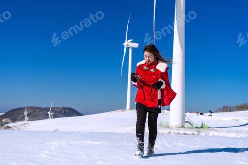 Preview: Young Woman Is A Happiness With Camera In Winter Of Sky And Winter Road With Snow And Red Dress.