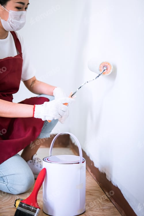 Preview: Interior Working, Painter Hand In White Glove Painting Wall With Paint Roller In Room, Shape And
