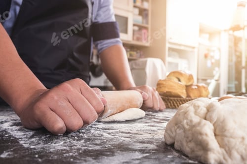 Preview: Male Hands Kneading Dough Sprinkled With Flour Table, Hands Preparing Bread, Raw Dough For Bread