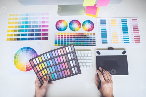 Preview: Image Of Male Creative Graphic Designer Working On Color Selection And Drawing On Graphics Tablet