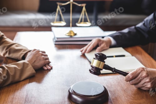 Preview: Businesswoman And Male Lawyer Or Judge Consult Having Team Meeting With Client, Law And Legal