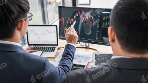 Preview: Business Team Partner Working With Computer, Laptop, Discussion And Analyzing Graph Stock Market