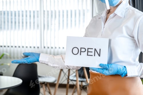 Preview: Close Up Of Asian Woman Waitress Wearing Protective Face Mask And Medical Glove To Holding Open