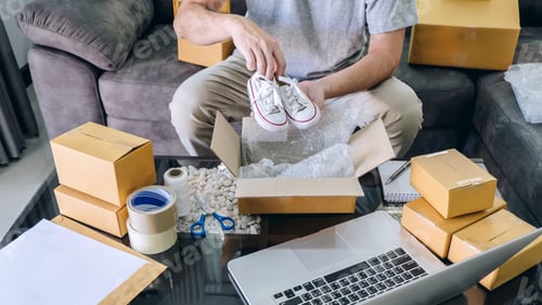 Preview: Small Business Parcel For Shipment To Client, Young Entrepreneur Sme Freelance Man Working With