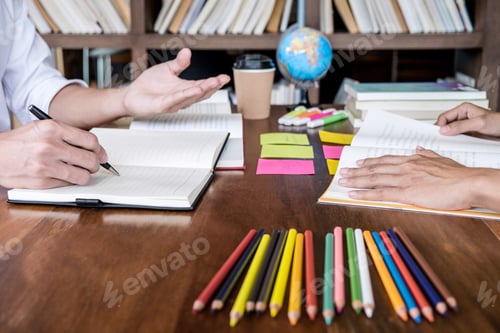 Preview: Tutor Books With Friends, Young Students Campus Or Classmates Helps Friend Catching Up Workbook And