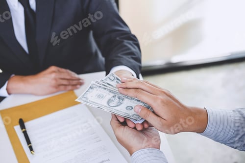 Preview: Bribery And Corruption Concept, Bribe In The Form Of Dollar Bills, Businessman Giving Money While
