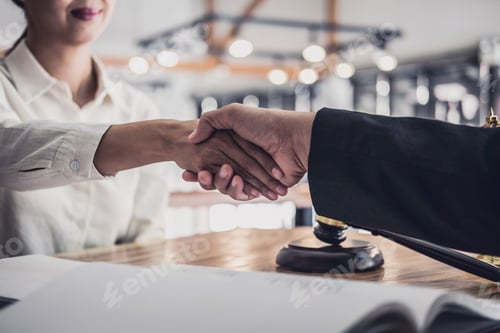 Preview: Handshake After Good Cooperation, Businesswoman Shaking Hands With Professional Male Lawyer After