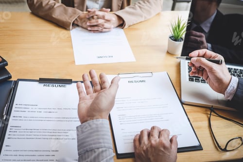 Preview: Two Selection Committee Manager Reading A Resume During A Job Interview, Employer Interviewing To