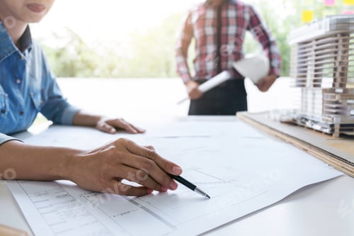 Preview: Architect Working On Blueprint, Engineer Working With Engineering Tools For Architectural Project