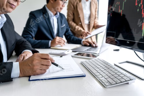 Preview: Business Team Partner Working With Computer, Laptop, Discussion And Analyzing Graph Stock Market