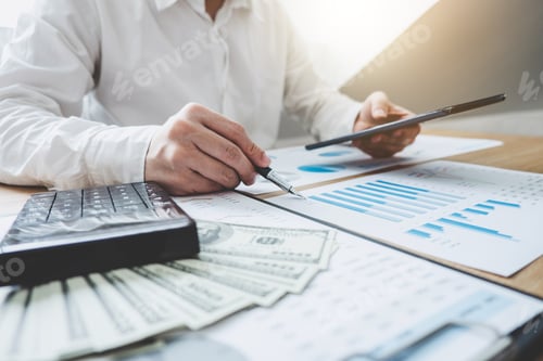 Preview: Finances Saving Banking Concept, Man Accountant Calculations Income On Digital Tablet And Analyzing