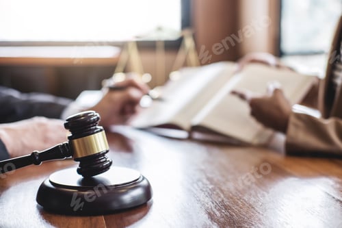 Preview: Judge Gavel With Scales Of Justice, Businesswoman And Male Lawyers Or Counselor Discussing Contract