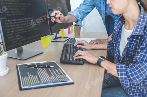 Preview: Two Professional Programmers Cooperating At Developing Programming And Website Working In A