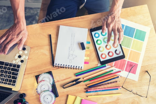 Preview: Fashion Designer Stylish Concept, Young Dressmaker Or Designer Drawing Design Sketch Working For