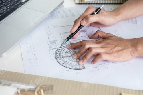 Preview: Architect Working On Blueprint, Engineer Working With Engineering Tools For Architectural Project