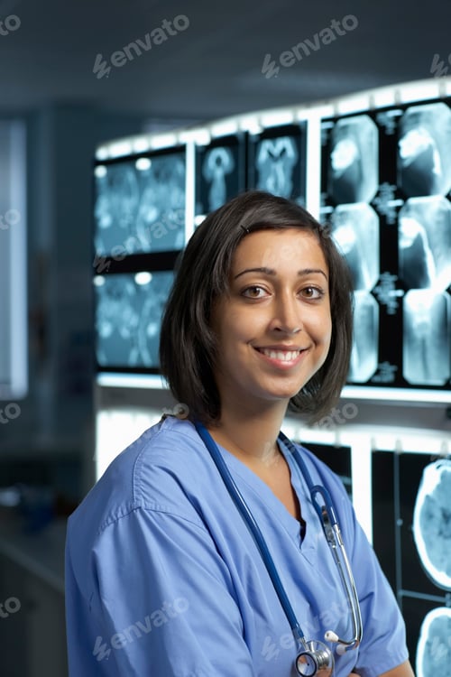 Preview: Female Doctor, Smiling, X-Rays Behind