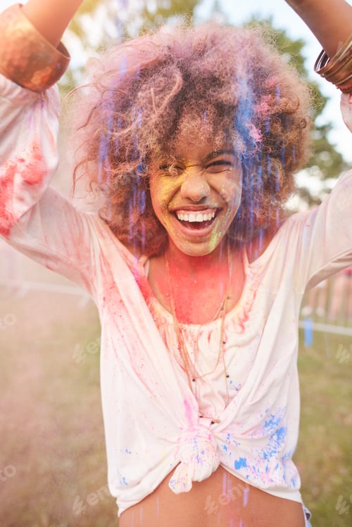 Preview: Portrait Of Young Woman At Festival, Covered In Colourful Powder Paint