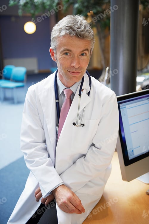 Preview: Doctor Sitting On Desk In Surgery