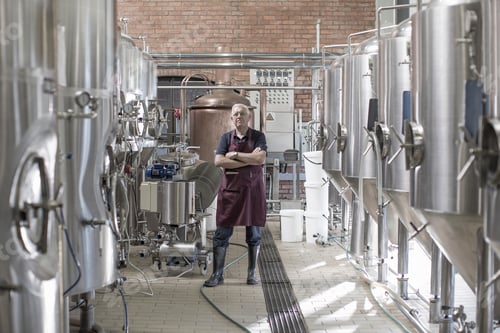 Preview: Portrait Of Brewer In Brewery, Standing Next To Stainless Steel Tanks