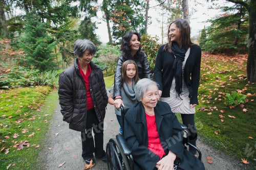Preview: Multi Generation Family Pushing Senior Woman In Wheelchair