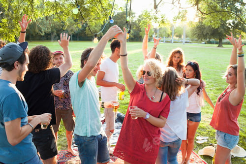Preview: Crowd Of Adult Friends Dancing At Party In Park At Sunset