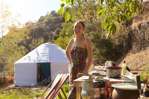 Preview: Young Woman Preparing Food Whilst Glamping, Sierra Nevada, Andalucia Granada, Spain