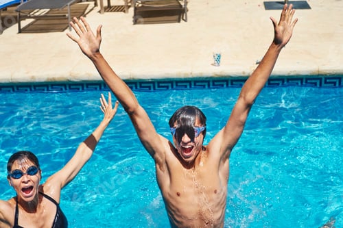 Preview: Portrait Of Young Man And Mother With Hands Raised In Swimming Pool