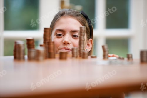 Preview: Girl Looking At Piles Of Money