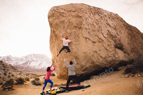 Preview: Friends Climbing Boulder, Buttermilk Boulders, Bishop, California, Usa