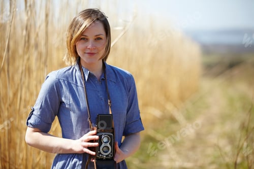 Preview: Close Up Portrait Of Young Woman Holding Camera