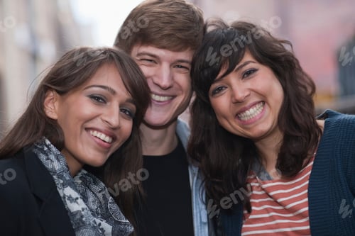 Preview: 3 Friends Smiling To Camera In Street