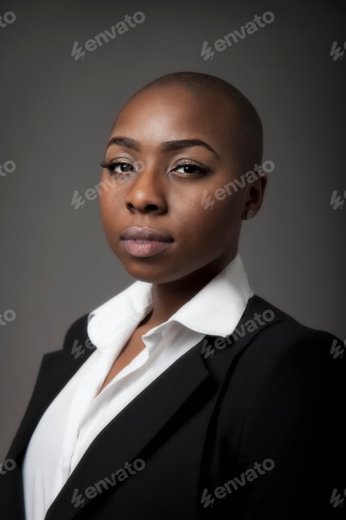 Preview: Professional Woman in Business Attire Against Gray Backdrop