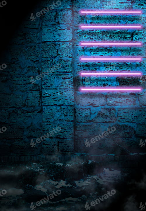 Preview: Pink Neon Lamps On The Background Of A Wall Of Stone Bricks At Night, Street