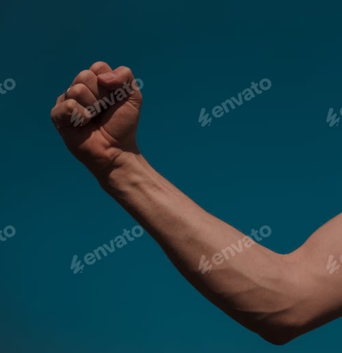 Preview: Strong Hand And Sky Background. Concept.