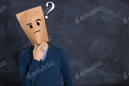 Preview: Man With Cardboard Head And Thoughtful Expression