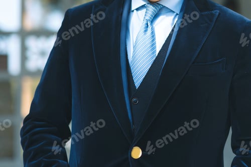 Preview: Closeup Of Dark Blue Velvet Coat On Businessman