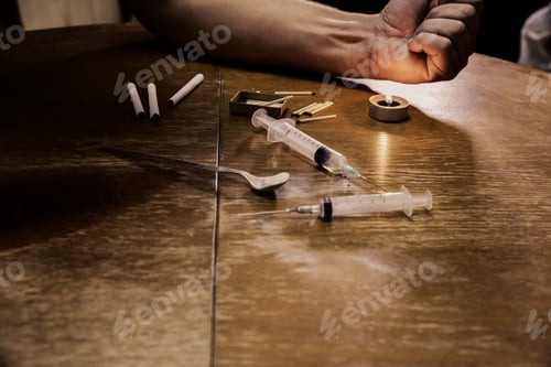 Preview: Man'S Hand Near Needle Syringe Lying On The Table. Drugs Addict. Candle Burning With Matches And