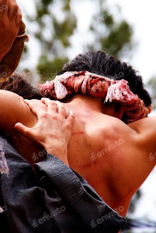 Vista previa: Religious Representation By Two People Of The Passion Of Christ, Man Whipped With Wounds