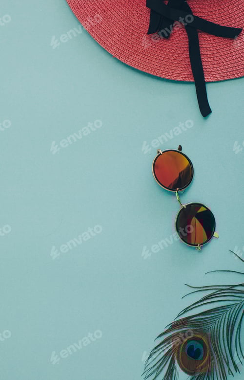 Preview: Hat, Sunglasses, and Peacock Feather on Blue