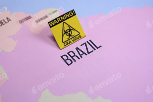 Preview: Brazil Map Close Up With Zika Virus Biohazard Warning Sign